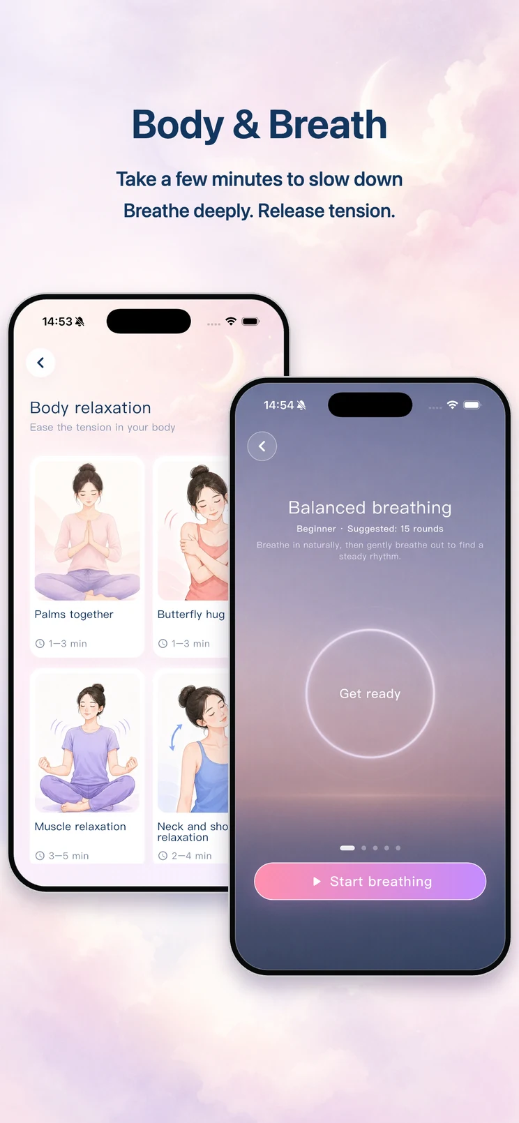 LunaMood body relaxation and breathing practices with gentle movements and paced breathing