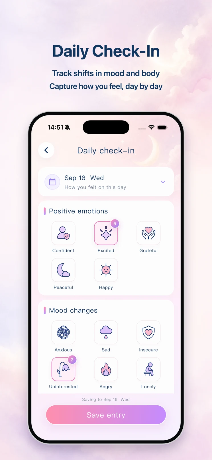 LunaMood daily check-in with options for positive feelings, shifts in mood, and body symptoms