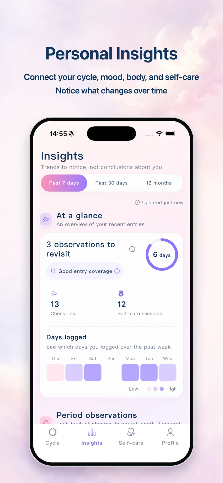 LunaMood personal insights showing cycle, mood, and self-care trends based on your own records